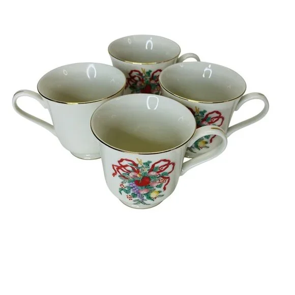 Elegant Vintage Fine China Tea Cup & Saucer Set of 4 Floral Ribbon Gold Trim